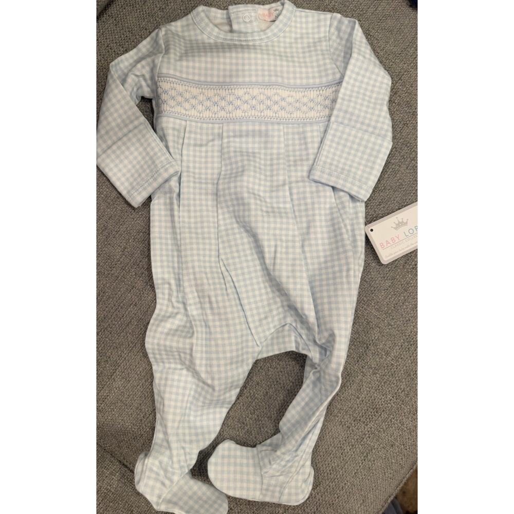 Baby Loren Blue gingham classic Pima Hand Smocked Footie Newborn NWT